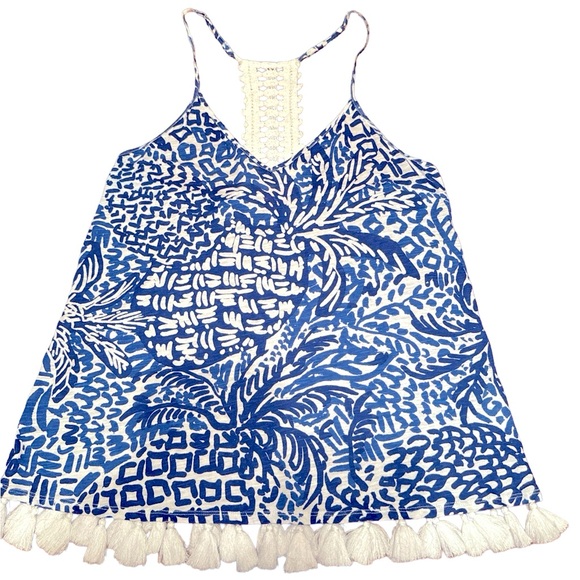Lilly Pulitzer Tops - Lilly Pulitzer Blue and White Tassel Tank Top - Size M